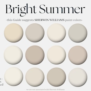 Puede incluir: Una guía que sugiere colores de pintura Sherwin Williams para un tema de verano brillante. La guía incluye más de 120 páginas y presenta 9 muestras de colores de pintura en varios tonos de blanco y beige.