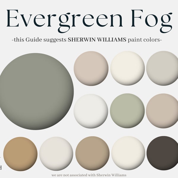 Sherwin-Williams color paint palette, 12 Sherwin Williams colors: Evergreen Fog, homely design for the whole house, designers neutral paints