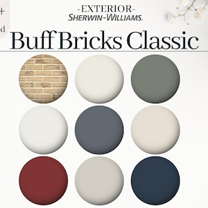 Exterior Color Palette: Buff Bricks Classic, 8 Sherwin-Williams paint colors, for the whole House, neutral exterior design paints