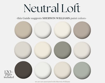 May include: A guide suggesting Sherwin Williams paint colors for a neutral loft interior design scheme. The guide includes 120+ pages and features a color palette of beige, white, gray, and green.