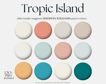 May include: A color palette guide for interior design featuring 12 paint colors from Sherwin Williams. The colors are arranged in three rows of four circles, each circle representing a different color. The colors include white, light gray, beige, coral, light blue, pink, yellow, and teal.