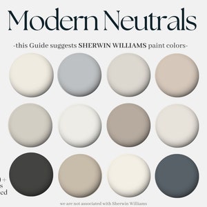 May include: An image showcasing a guide to "Modern Neutrals" with Sherwin Williams paint colours. Twelve circular swatches present a range of neutral shades, such as beige, grey, and off-white. The text indicates over 120 pages are included.