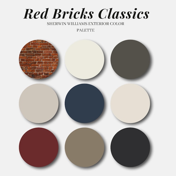 Paleta de colores para exteriores de Sherwin Williams Paint RED BRICKS CLASSICS Diseño de esquema de colores para toda la casa con 12 ideas de pintura clásica coordinada en neutros
