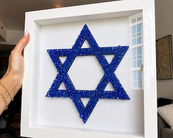 Handmade Star of David Glass Bead Shadow Box Wall Art - 13” x 13” - Judaica Gift