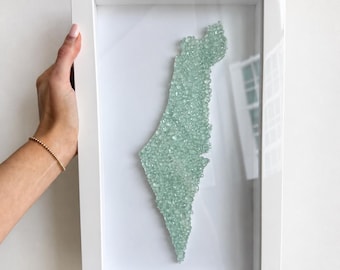 Handmade Israel Map Seafoam Green Glass Bead Shadow Box Wall Art - 16” x 10” - Judaica Gift