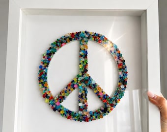 Handmade Rainbow Beaded Peace Sign Shadow Box Wall Art 13” x 13”