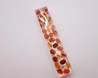 Coffee Bean Mezuzah - Transparent Epoxy Resin with Gold Shin 5”