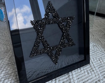 Handmade Star of David Black Glass Bead Shadow Box Wall Art - 13” x 13” - Judaica Gift