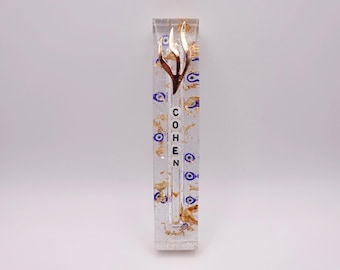 Custom Name Glitter Evil Eye & Gold Flake Epoxy Resin Mezuzah 5” - Glitter Mezuzah - Handmade Epoxy Resin- Judaica Gift