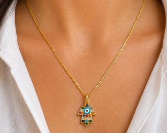 Gold Plated Multi Color Micro Pave Hamsa Hand Necklace, Minimalist Evil Eye Necklace, 925 Sterling Silver 18k Gold Plated, Judaica Gift