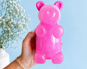 Giant Glitter Sparkly Pink Epoxy Resin Gummy Bear 7 Inch - Large Pop Art, 3D Pop Art