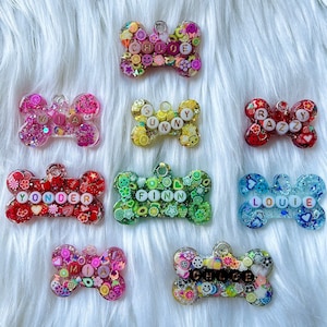 Personalized Glitter Resin Dog, Cat, Pet ID Tags with Letter Beads, Custom Key Chains