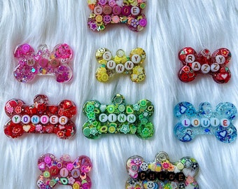 Personalized Glitter Resin Dog, Cat, Pet ID Tags with Letter Beads, Custom Key Chains