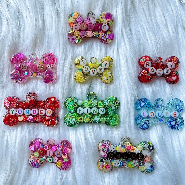 Personalized Glitter Resin Dog, Cat, Pet ID Tags with Letter Beads, Custom Key Chains