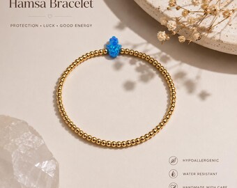 18K Gold Filled Blue Opal Hamsa Bracelet, Judaica Gift Jewelry