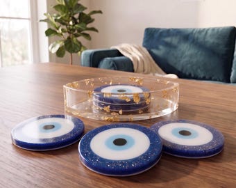 Evil Eye Epoxy Resin Coaster Set with Matching Holder