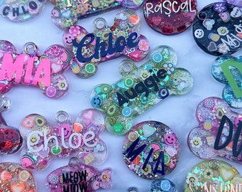 Personalized Glitter Resin Dog, Cat, Pet ID Tags, Custom Key Chains