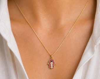 Tiny Pink Hamsa Hand Necklace, Minimalist Evil Eye Necklace, 925 Sterling Silver 18k Gold Plated