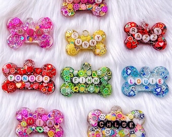 Personalized Glitter Resin Dog, Cat, Pet ID Tags with Letter Beads, Custom Key Chains