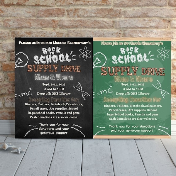 EDITABLE Blackboard Back to School Supply Drive, Back to School Supply Drive Fundraiser Flyer, Green First Day of School İnvite