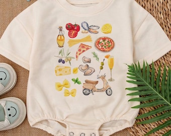 Italian Summer Baby Romper, Mediterranean Food Watercolor Bodysuit, Pizza Pasta Vespa Toddler Shirt, Cute European Vacation Baby Boy Girl