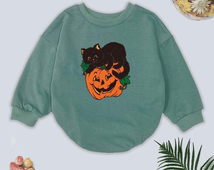 Black Cat Pumpkin Halloween Romper: Vintage Style Baby Clothes