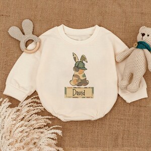 Personalized Camo Easter Bunny Romper Sweatshirt, Easter Short Sleeve, Bunny with Hat Baby Clothes, Boy Easter Bodysuit, Baby Shower Gift