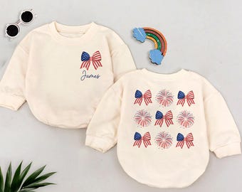 Personalized 4th of July Baby Romper: Coquette American Bow Firework Outfit