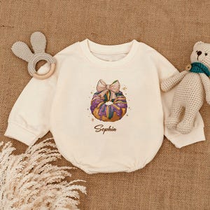 Personalized King Cake Romper: Mardi Gras Coquette Bow Baby Outfit