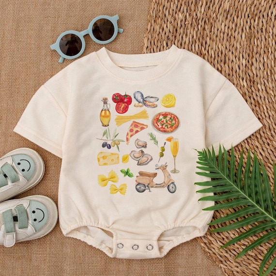 Italian Summer Baby Romper, Mediterranean Food Watercolor Bodysuit, Pizza Pasta Vespa Toddler Shirt, Cute European Vacation Baby Boy Girl