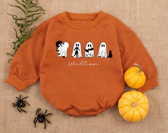 Personalized Baby Halloween Romper: Ghost Cat Outfit, Custom Name