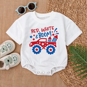 Personalized Red White and Boom Romper, My first 4th of July Baby Outfit, Birthday, Truck Lover Boys Kids, Patriotic Construction Trucks