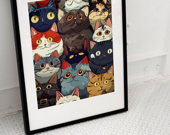 Colorful Cats Art Print – Whimsical Feline Illustration (Digital Download)