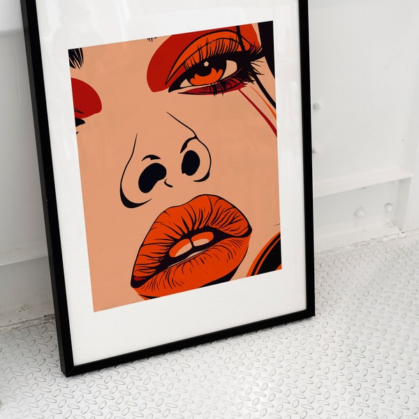 Lips That Pop!, Colourful, eye catching Pop Art style painting of a ladies face close up. Printable Pop Art Style, Art Digital Download.