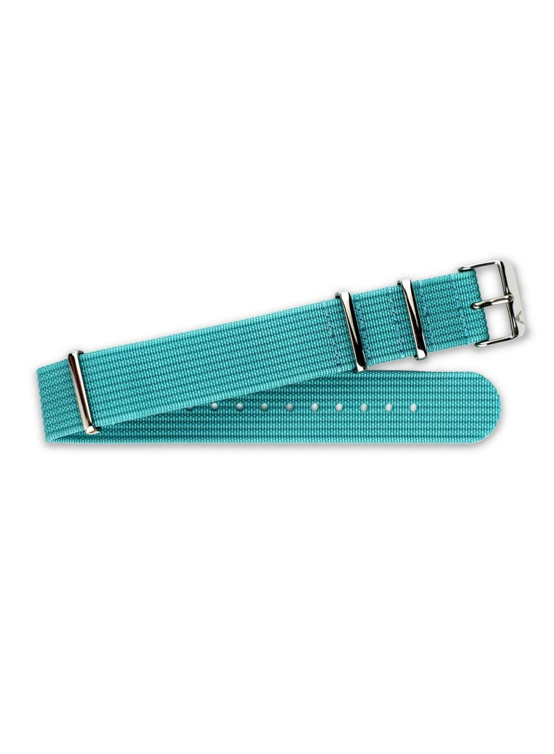 K&ouml;nnte beinhalten: Ein t&uuml;rkisfarbenes Nylon-Armband mit silberner Schnalle und Bandanliegern.