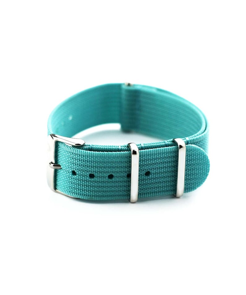 K&ouml;nnte beinhalten: Ein t&uuml;rkisfarbenes Nylon-Armband mit silberner Schnalle und Dornschlie&szlig;en.