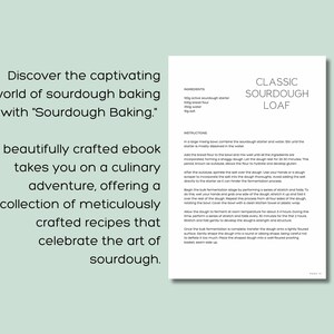 May include: A digital ebook page with the title "Classic Sourdough Loaf" and instructions for baking. The page is on a light green background. Text on the left side reads "Discover the captivating world of sourdough baking with 'Sourdough Baking.'"