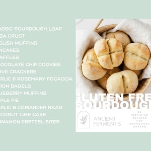 May include: A basket of freshly baked gluten-free sourdough rolls. The rolls are light brown and have a slightly crispy crust. The text "Gluten Free Sourdough" is printed in white on a black background. The text "Ancient Ferments" is printed in white on a black background. The text "30 Inspiring Recipes for Sourdough Bakers" is printed in white on a black background.