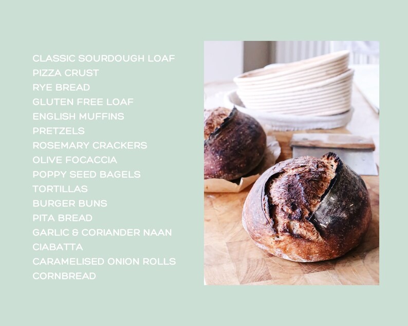 May include: Two freshly baked sourdough loaves with a dark, crusty exterior sit on a wooden cutting board. The image also shows a list of baked goods, including pizza crust, rye bread, and English muffins. A bread lame and proofing baskets are also visible.