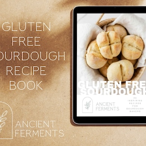 Op de afbeelding: Een digitale tablet die de omslag van een boek toont met de titel "Gluten Free Sourdough: 30 Inspiring Recipes for Sourdough Bakers" van Ancient Ferments. De omslag heeft een witte achtergrond met een mand vol vers gebakken glutenvrije zuurdesembroodjes.