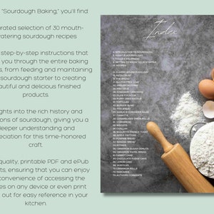 May include: A cookbook page with the title "Sourdough Baking" and an index of recipes. The page includes text about sourdough recipes, instructions, and history. A rolling pin, flour, and eggs are in the background.