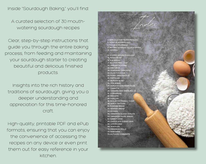 May include: A cookbook page with the title "Sourdough Baking" and an index of recipes. The page includes text about sourdough recipes, instructions, and history. A rolling pin, flour, and eggs are in the background.