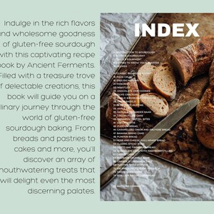 May include: A close-up of a cookbook with a rustic wooden background. The book features a variety of gluten-free sourdough breads and pastries, including a loaf of bread, a pizza crust, and a cinnamon pretzel bite. The book's title is "Ancient Ferments" and the index lists a variety of recipes.