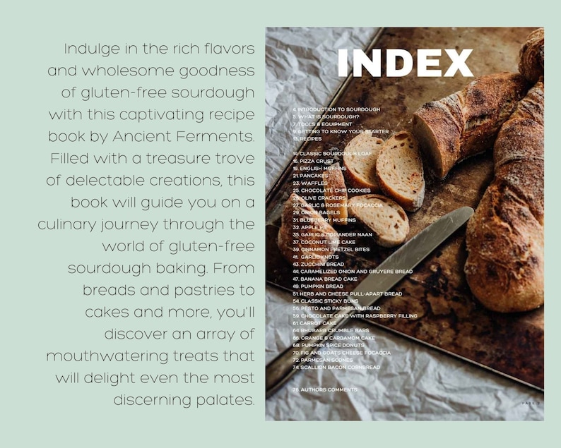 May include: A close-up of a cookbook with a rustic wooden background. The book features a variety of gluten-free sourdough breads and pastries, including a loaf of bread, a pizza crust, and a cinnamon pretzel bite. The book's title is "Ancient Ferments" and the index lists a variety of recipes.