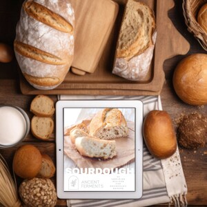 May include: Overhead shot of various breads, including a large loaf and rolls, arranged on a wooden surface. A tablet displays the word "SOURDOUGH" with text below. Ingredients like flour, garlic, and an onion are also present, suggesting a baking theme.