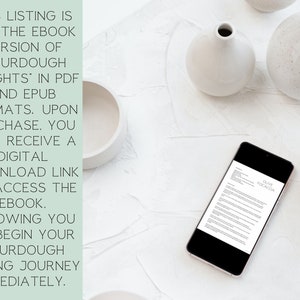 May include: A smartphone displays a recipe for Olive Focaccia. The image includes text: "This listing is for the ebook version of 'Sourdough Delights' in PDF and EPUB formats. Upon purchase, you will receive a digital download link to access the ebook."