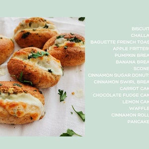 May include: Close-up of several baked rolls filled with melted cheese and garnished with fresh parsley, arranged on a white cloth. The rolls have a golden-brown crust. Text on the right lists various baked goods including biscuits and challah.