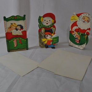 Set di 3 cartoline natalizie per bambini fustellate vintage, cartoline stravaganti con buste, pupazzo di neve, pupazzo di neve, calze, unico taglio frontale a metà fustellato
