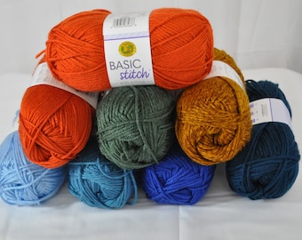 Lion Brand Basic Stitch Anti Pilling Yarn 185 Yd Worsted Wt 4 Acrylic in Pumpkin Baby Steel and Royal Blue Turquoiose Gold and Pine Heather