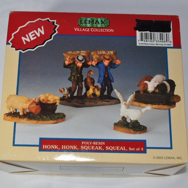 Lemax Village Collection Honk, Honk, Squeak, Squeal Set of 4 Farmers and Farm Animals Vintage 2003 Poly Resin Pigs, Chickens, Geese Farmers
